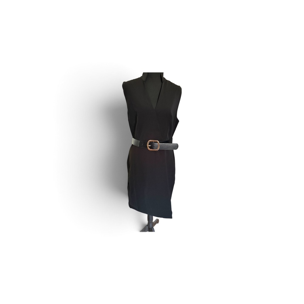 Womens Black Sleeveless V-Neck Sheath Dress with Belted Waist and High Neckline
